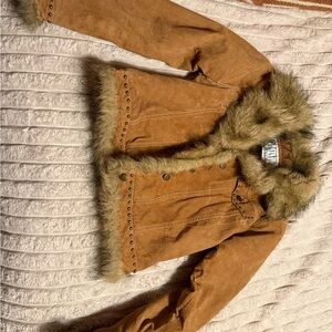 Faux Fur Trimmed Suede-Look fur Jacket in Cognac